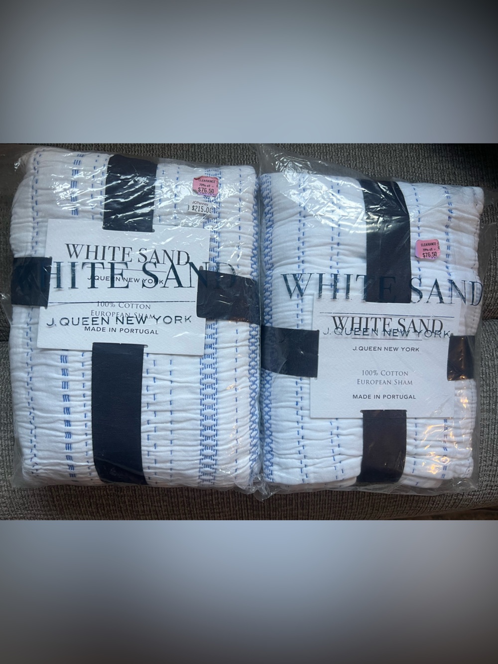 2 New - White Sand by White Cotton European Sham - Blue Stitch